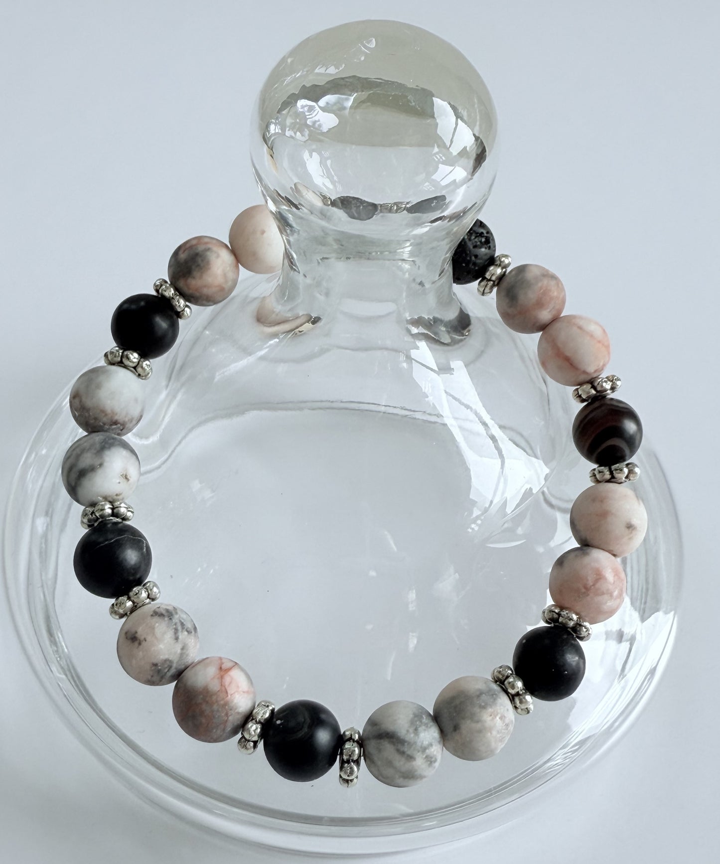 Pink Zebra Jasper & Black Agate Gemstone Beaded Stretch Bracelet