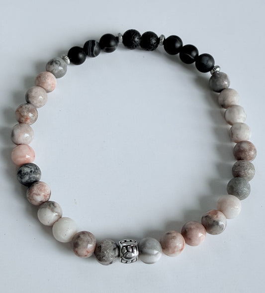 Pink Zebra Jasper & Black Agate Gemstone Beads Stretch Bracelet