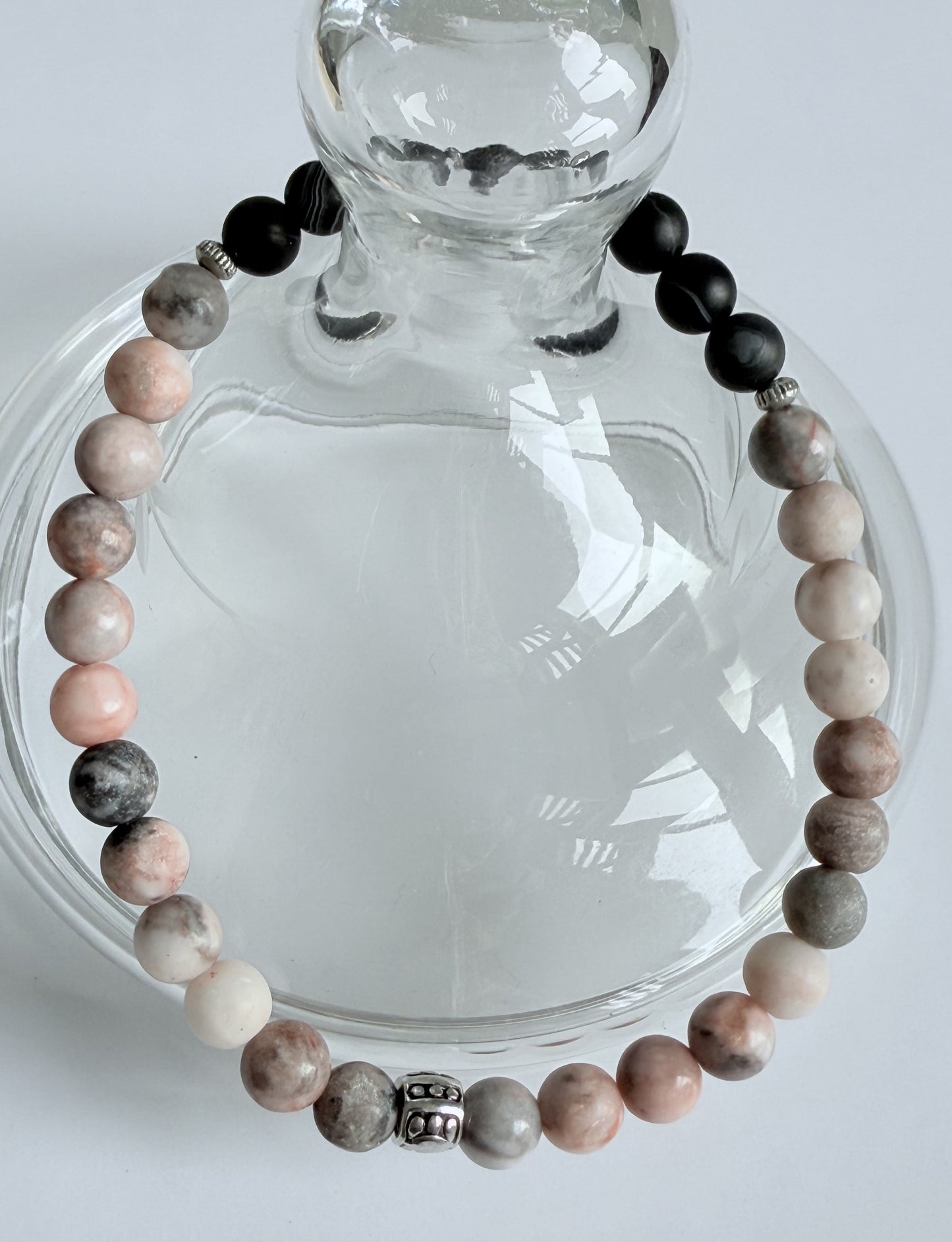 Pink Zebra Jasper & Black Agate Gemstone Beads Stretch Bracelet