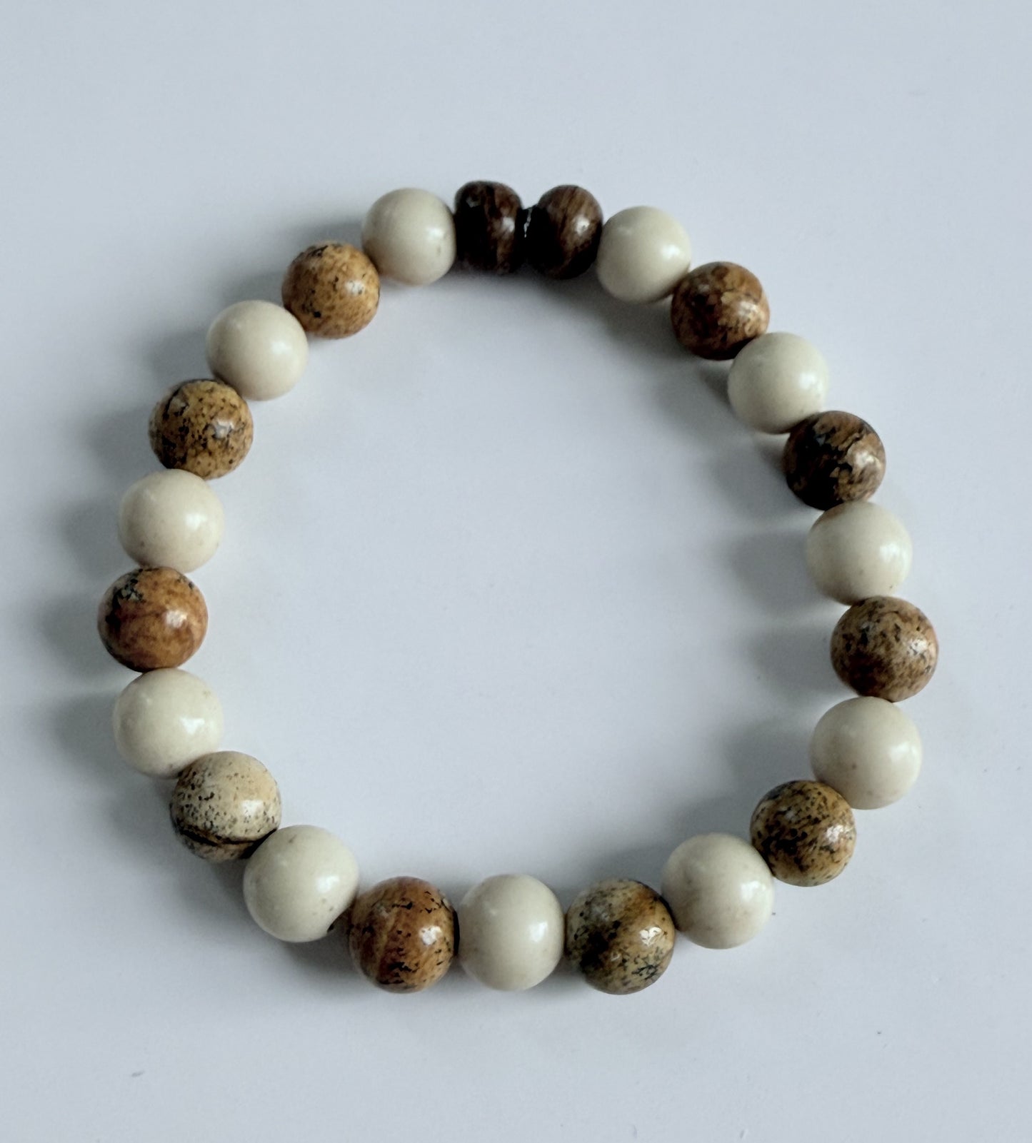 Picture & Fossil Jasper Gemstone Beaded Stretch Bracelet