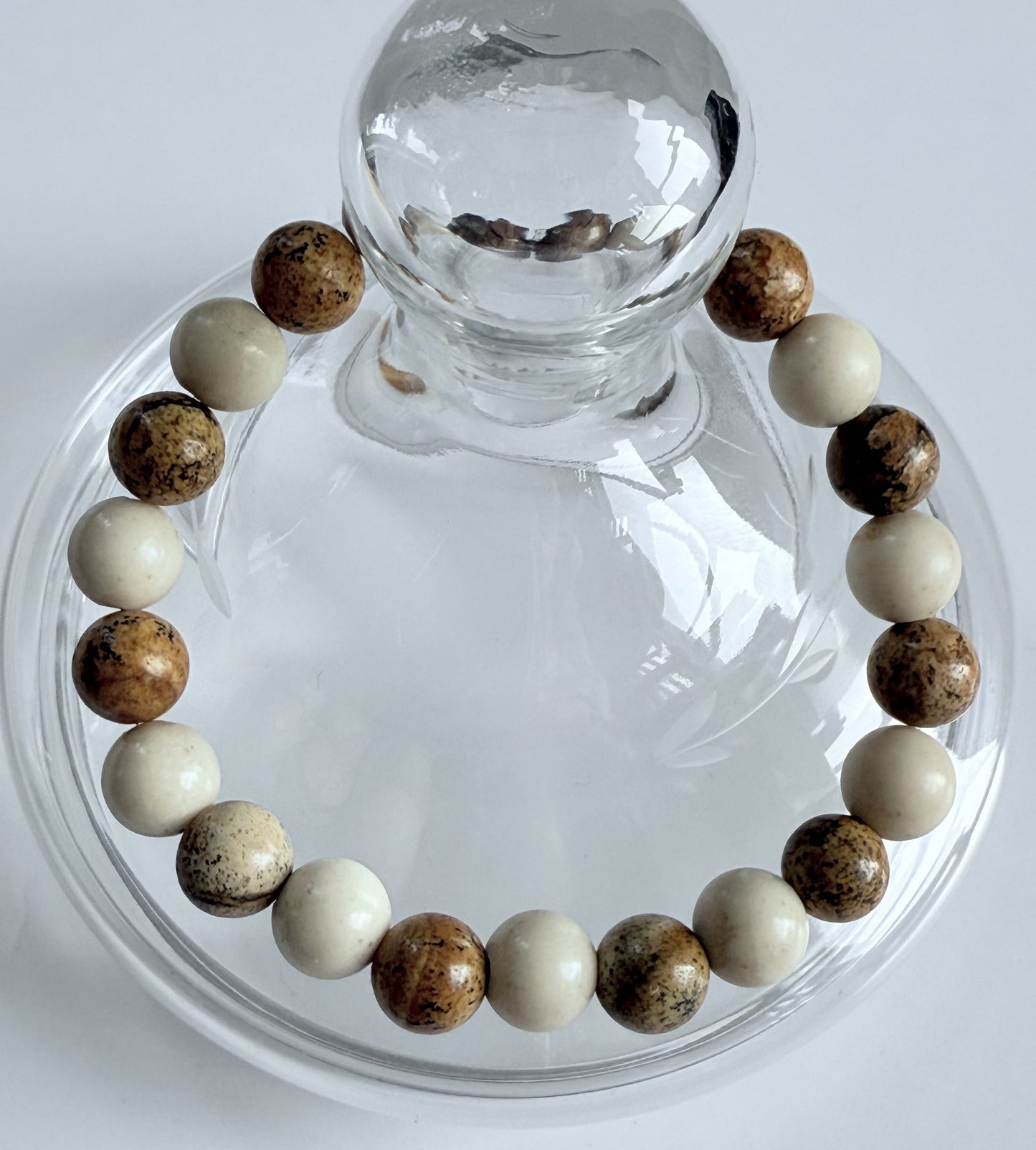 Picture & Fossil Jasper Gemstone Beaded Stretch Bracelet