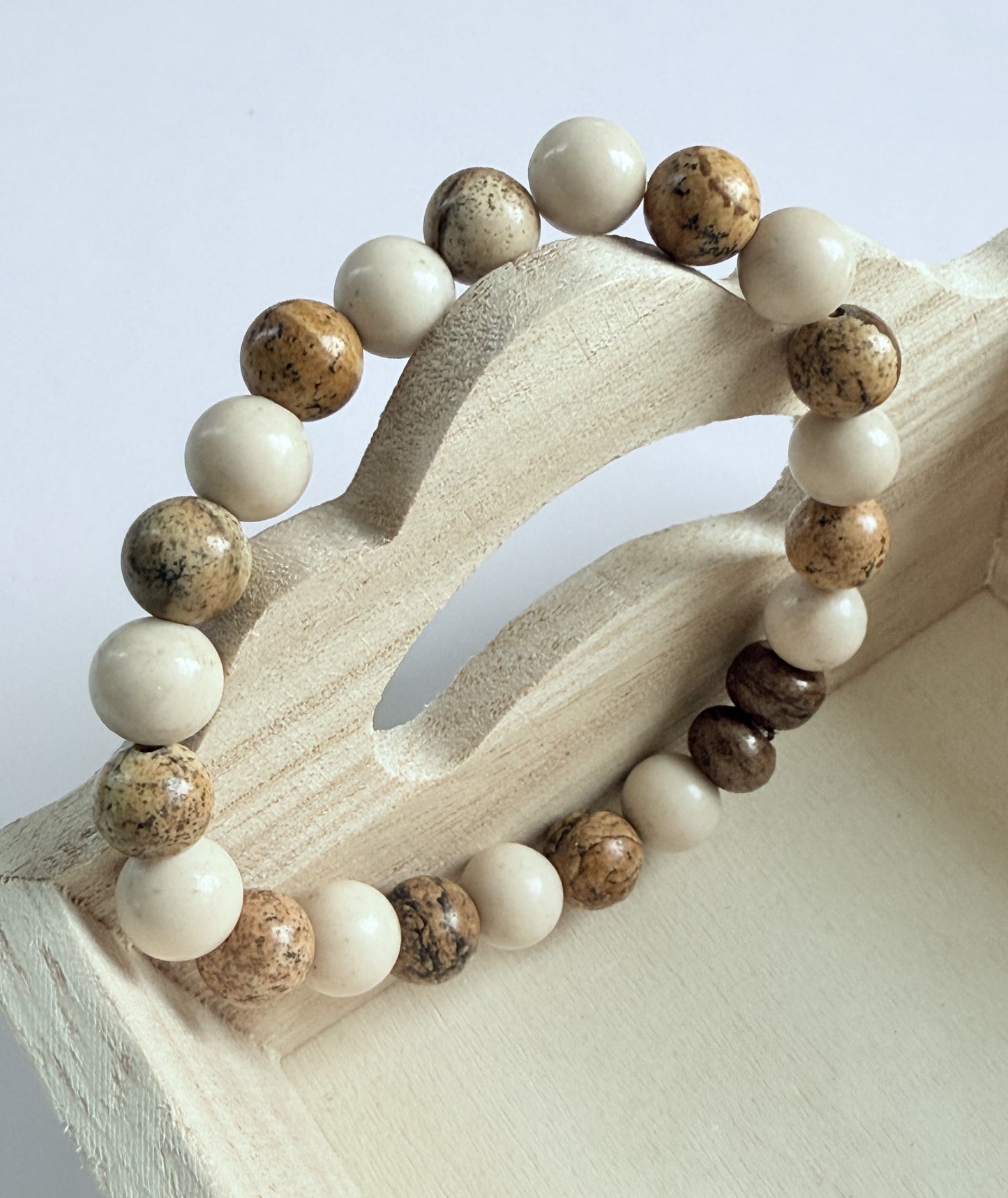 Picture & Fossil Jasper Gemstone Beaded Stretch Bracelet