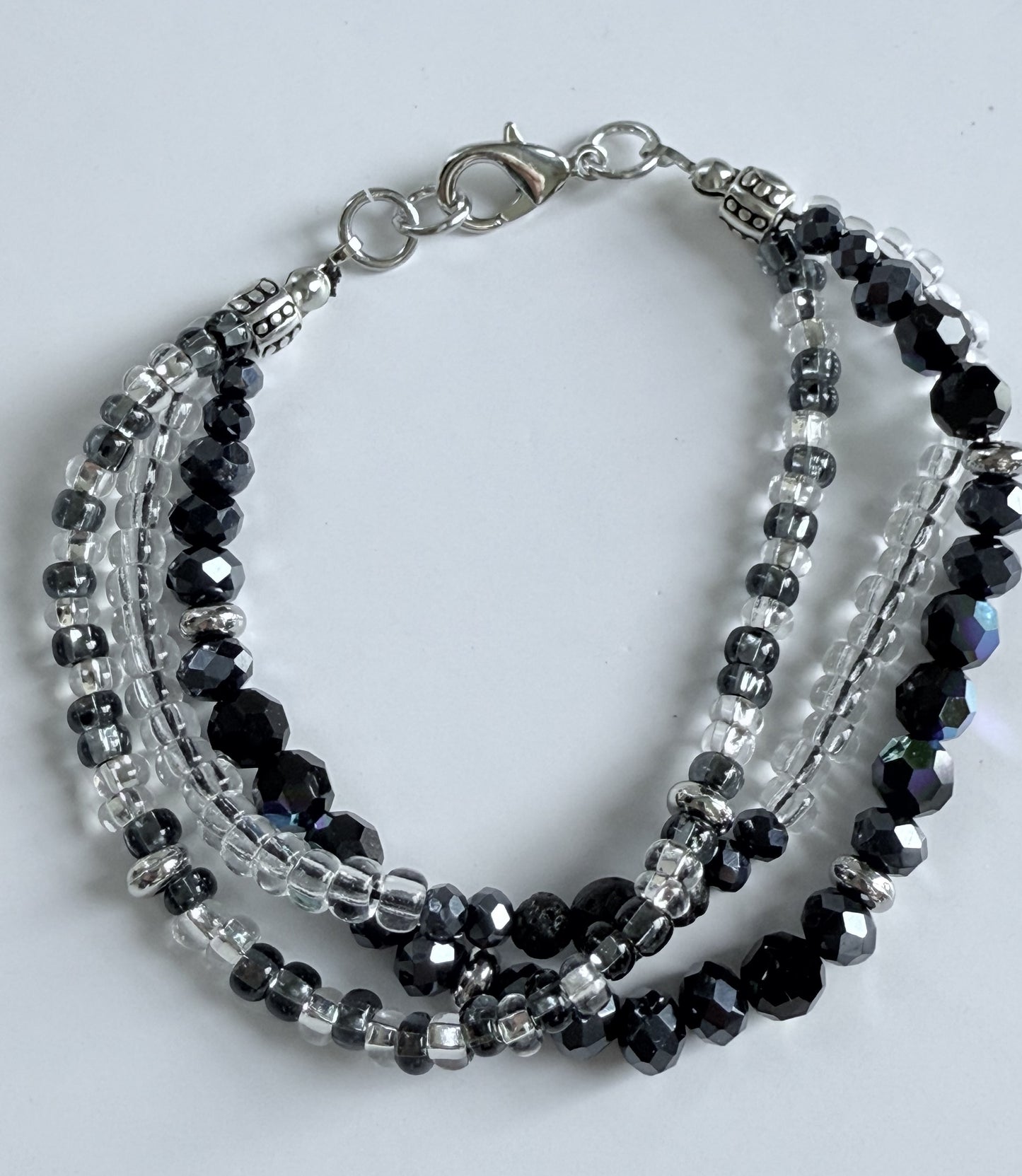 Triple-Strand Bracelet with Black Glass, Czech Glass & Seed beads