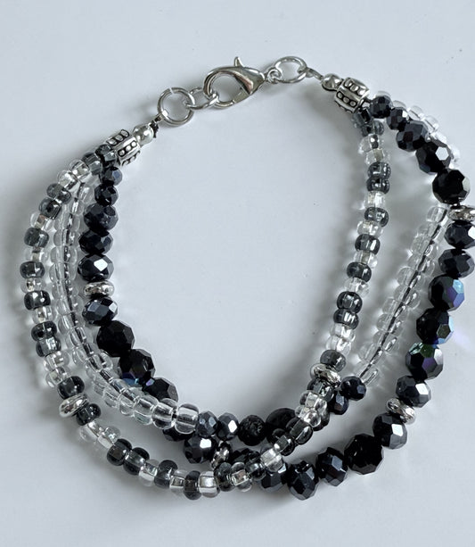 Triple-Strand Bracelet with Black Glass, Czech Glass & Seed beads