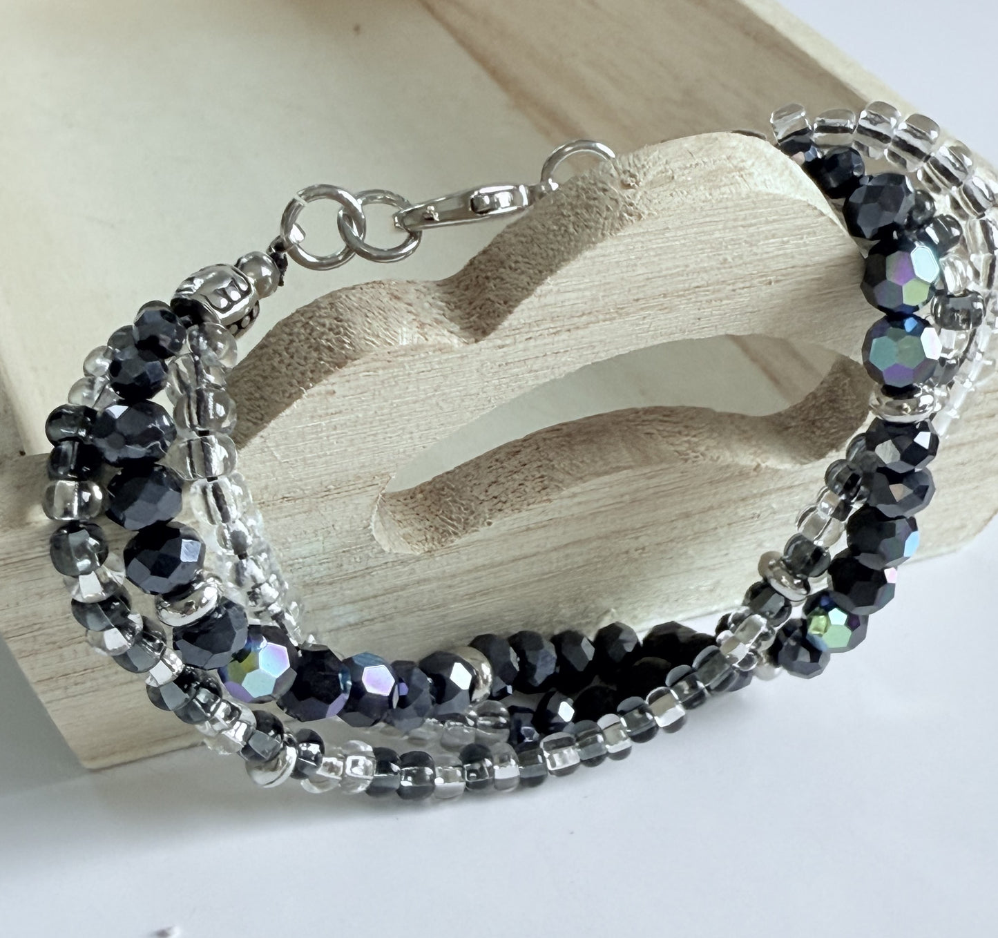 Triple-Strand Bracelet with Black Glass, Czech Glass & Seed beads