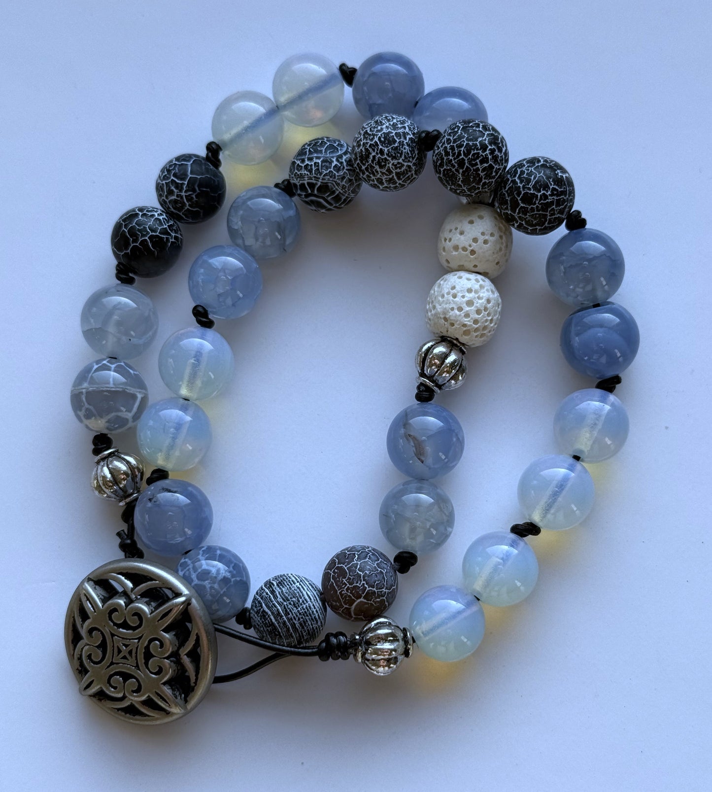 Double-Wrap Knotted Bracelet with Blue Agate Gemstone & Opalite Glass Beads on Leather Cording
