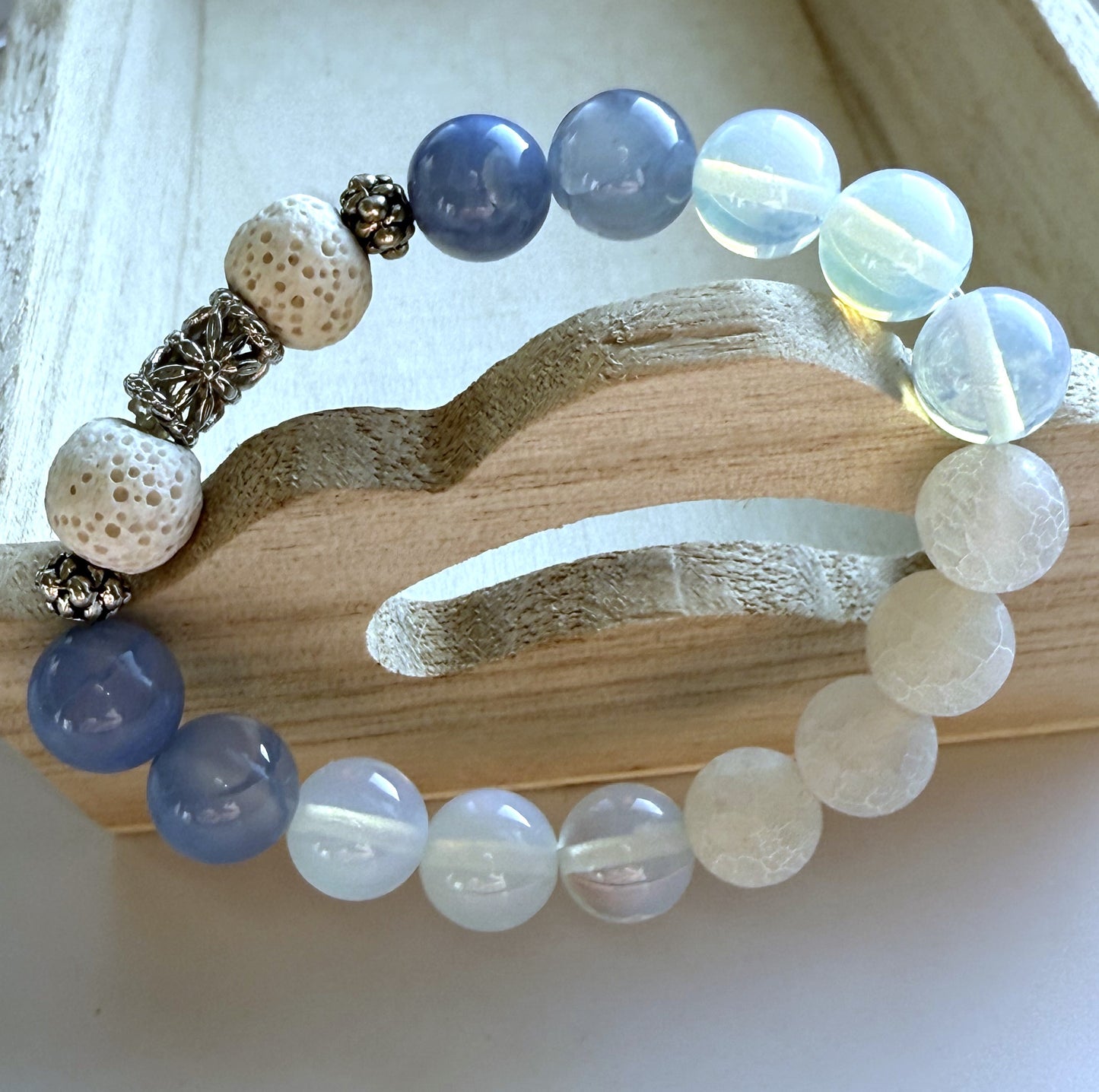Blue Quartz, Aventurine & White Agate Gemstone Beaded Stretch Bracelet