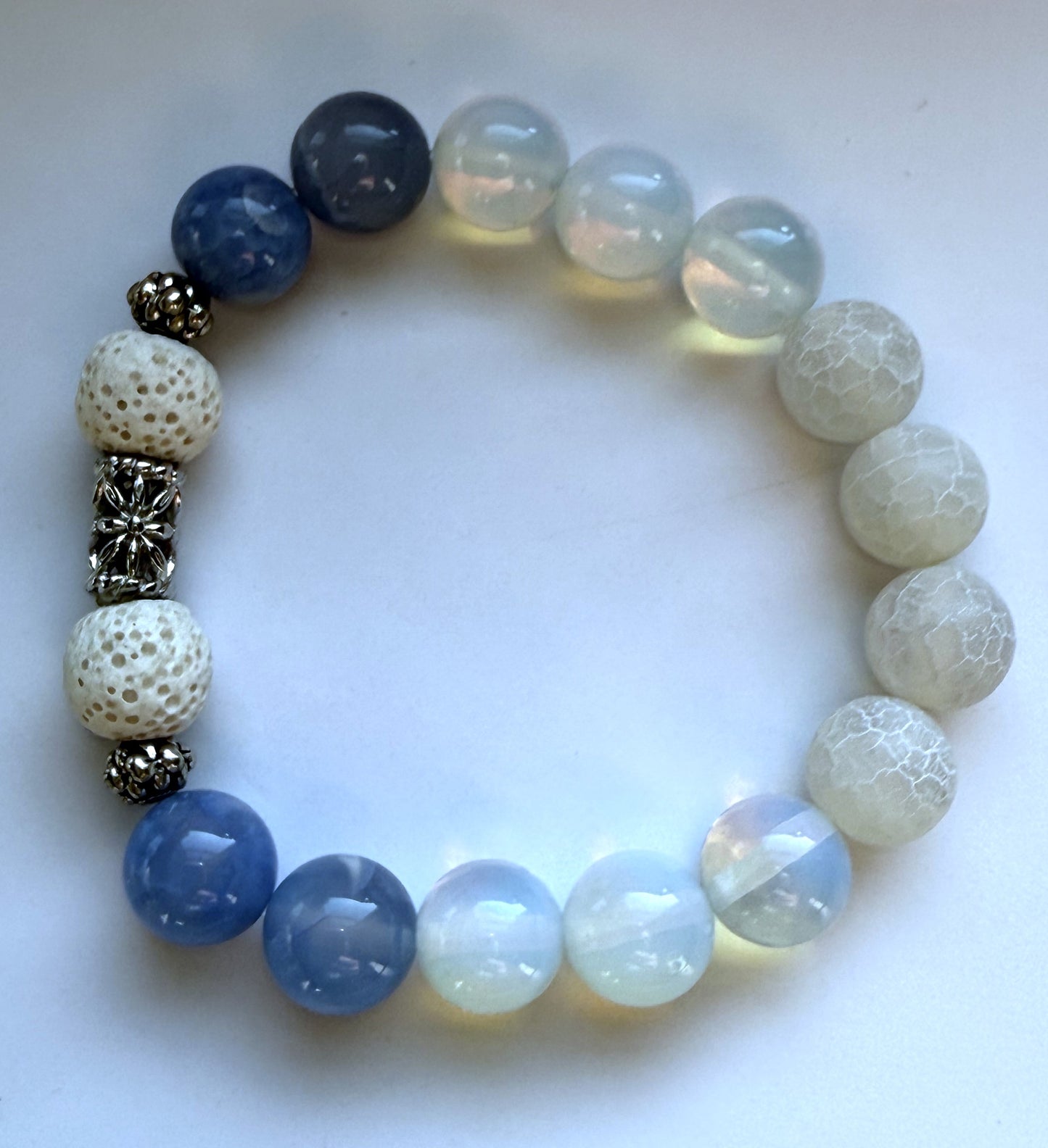 Blue Quartz, Aventurine & White Agate Gemstone Beaded Stretch Bracelet