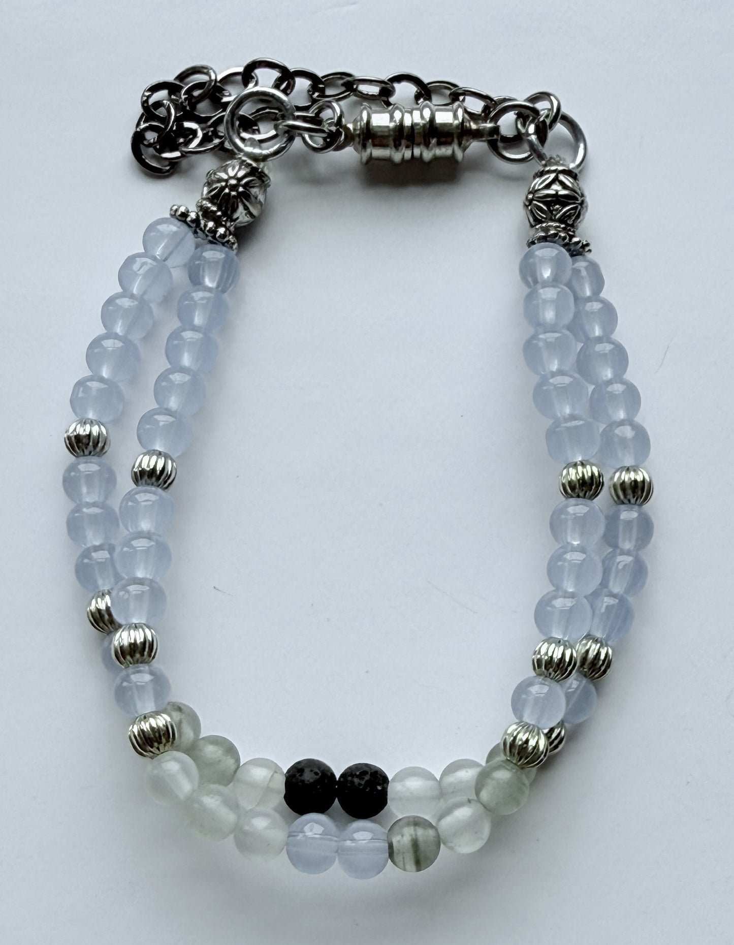 Double-Strand Stretch Cord Bracelet with Light Blue Glass & Grey Quartz Beads