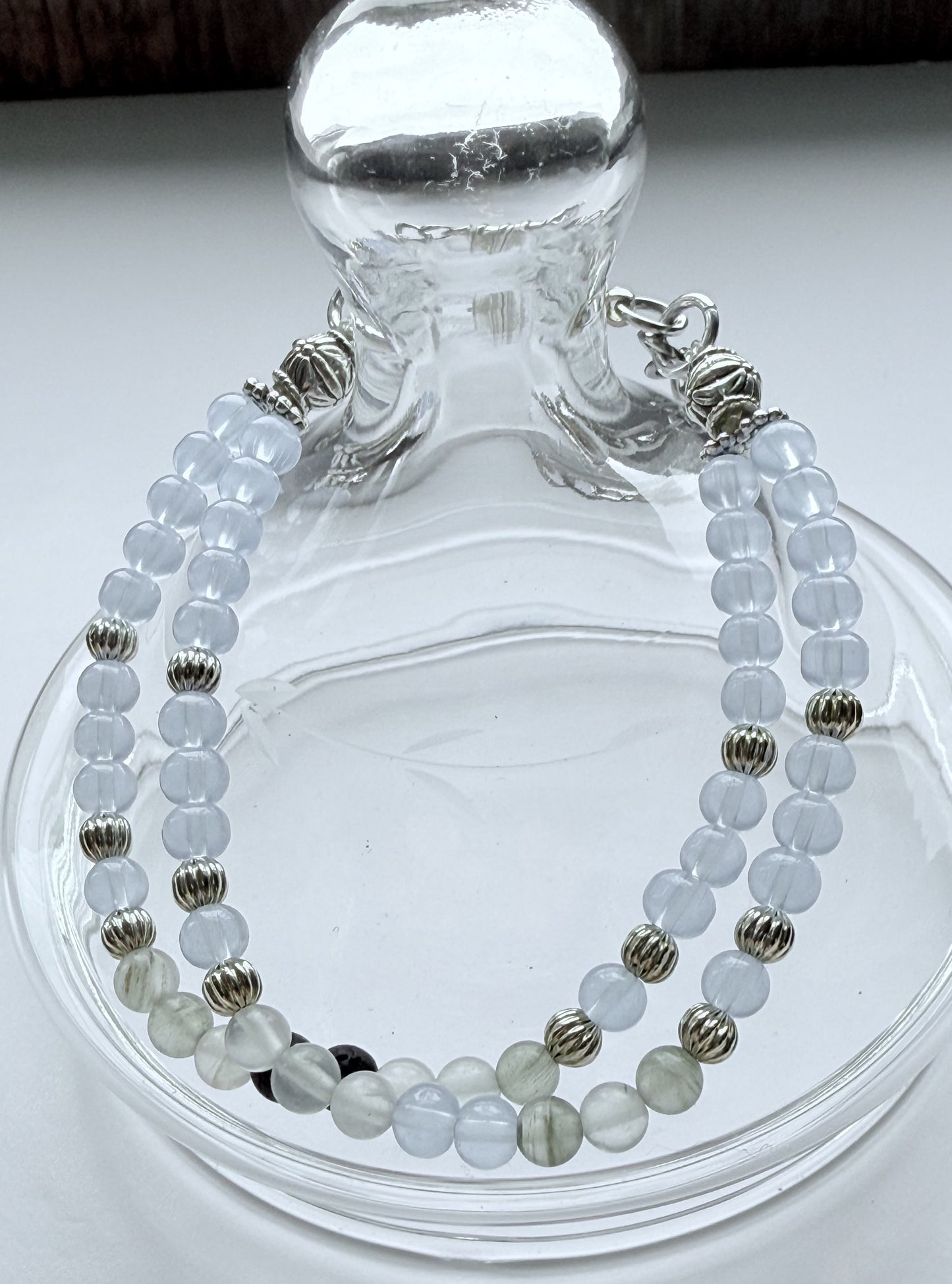 Double-Strand Stretch Cord Bracelet with Light Blue Glass & Grey Quartz Beads