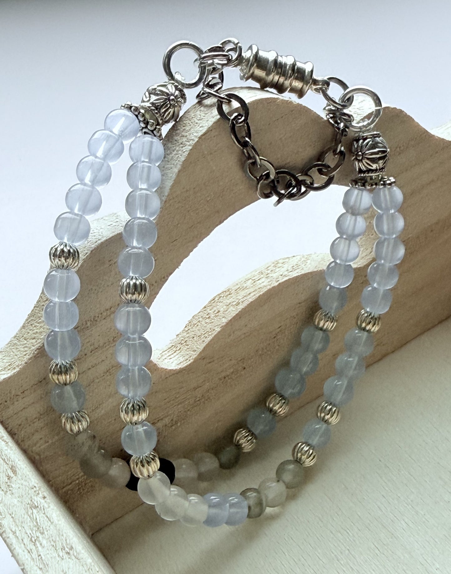 Double-Strand Stretch Cord Bracelet with Light Blue Glass & Grey Quartz Beads