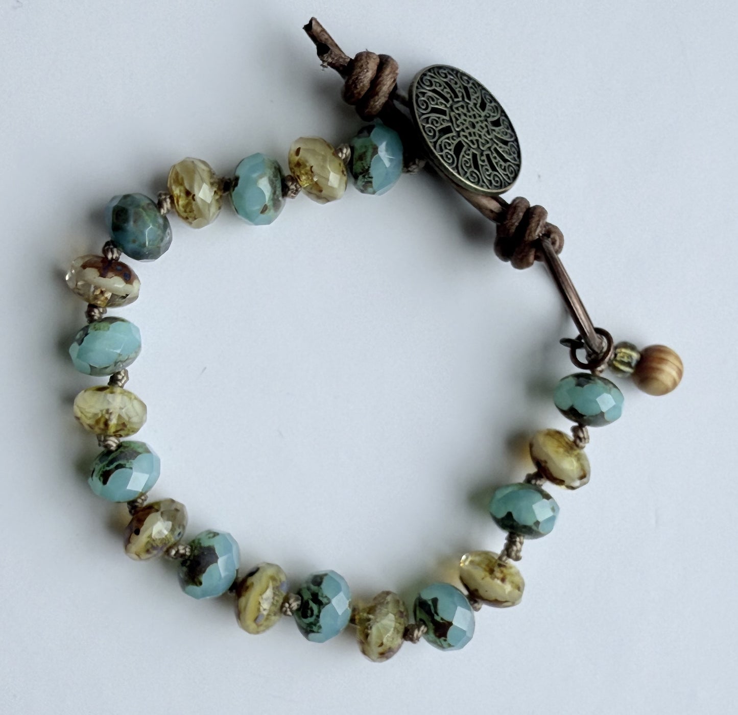 Tea Green & Ivory Czech Glass Knotted Bracelet with Leather