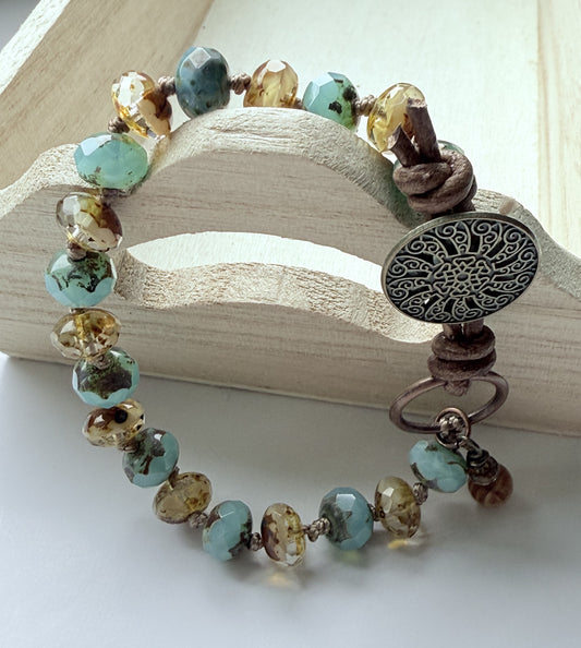 Tea Green & Ivory Czech Glass Knotted Bracelet with Leather