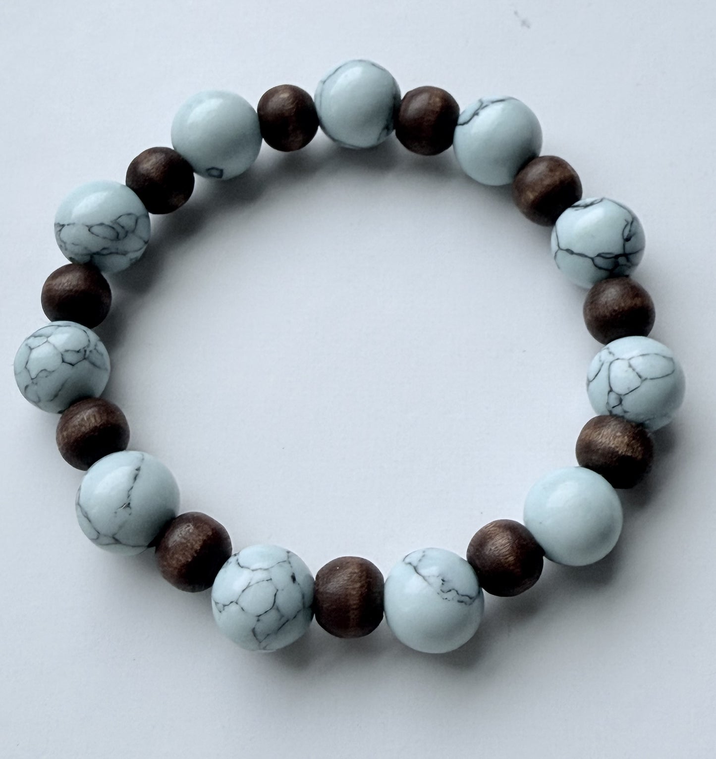 Light Blue/Green Howlite & Wood Beads Stretch Bracelet