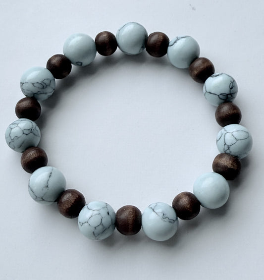 Light Blue/Green Howlite & Wood Beads Stretch Bracelet