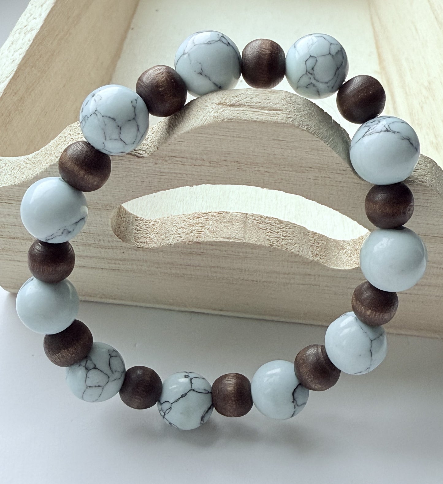 Light Blue/Green Howlite & Wood Beads Stretch Bracelet