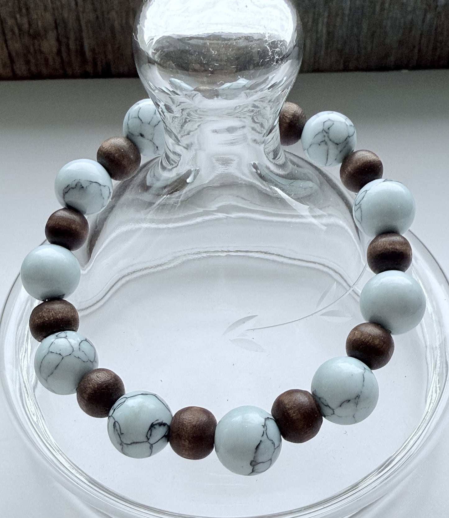 Light Blue/Green Howlite & Wood Beads Stretch Bracelet