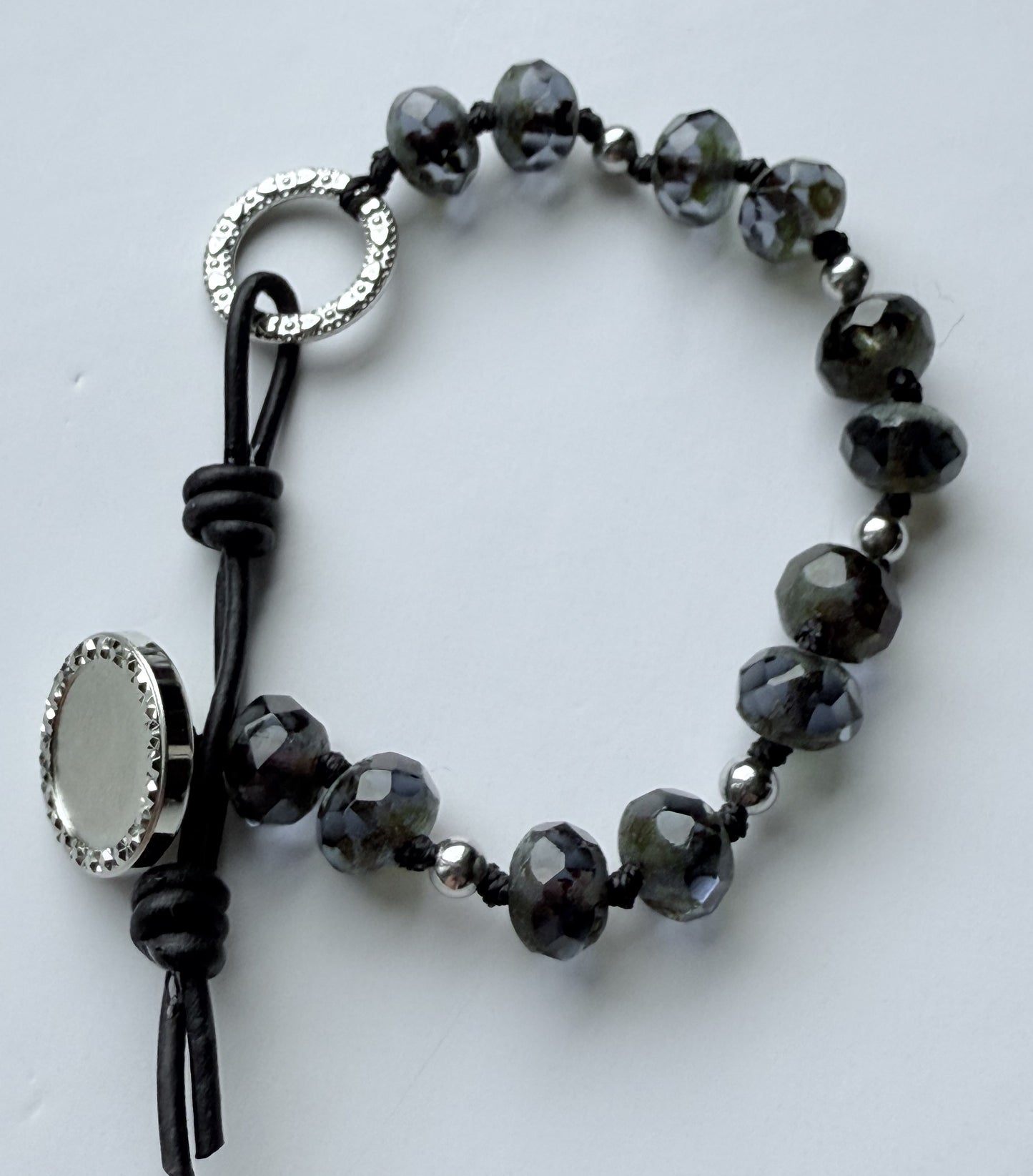 Blue/Purple Czech Glass Knotted Bracelet with Leather