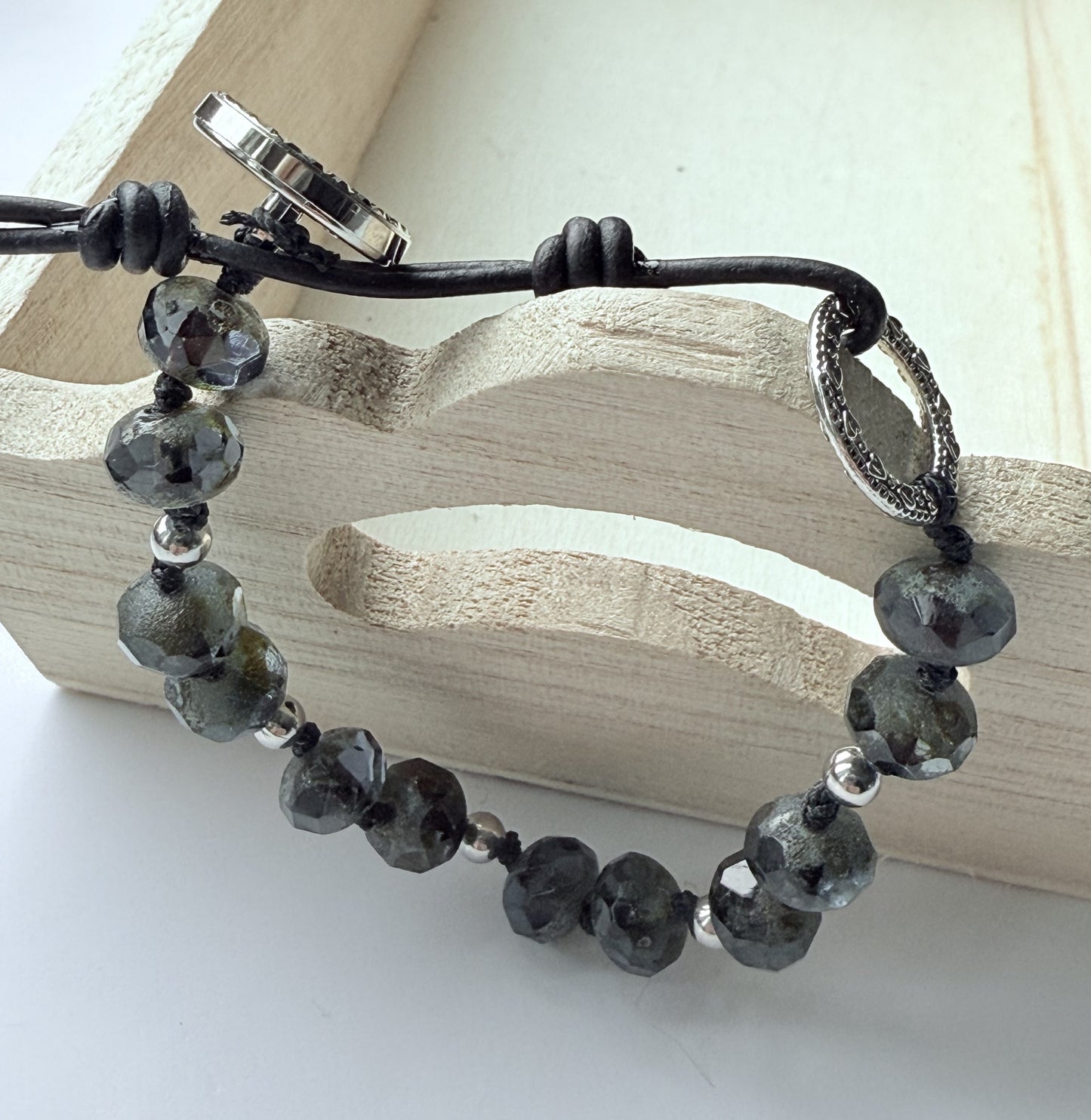 Blue/Purple Czech Glass Knotted Bracelet with Leather