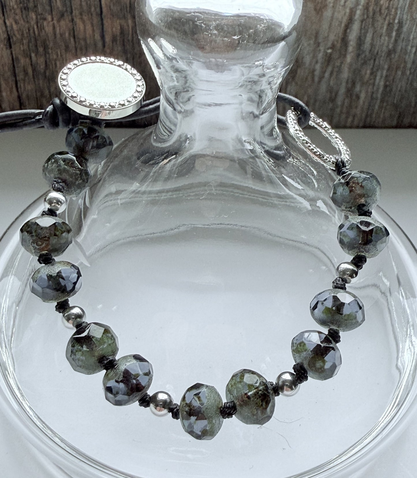 Blue/Purple Czech Glass Knotted Bracelet with Leather