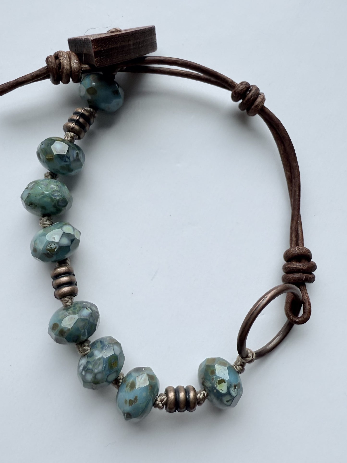 Teal Blue/Green Czech Glass Knotted Bracelet with Leather