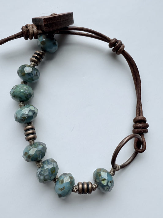 Teal Blue/Green Czech Glass Knotted Bracelet with Leather