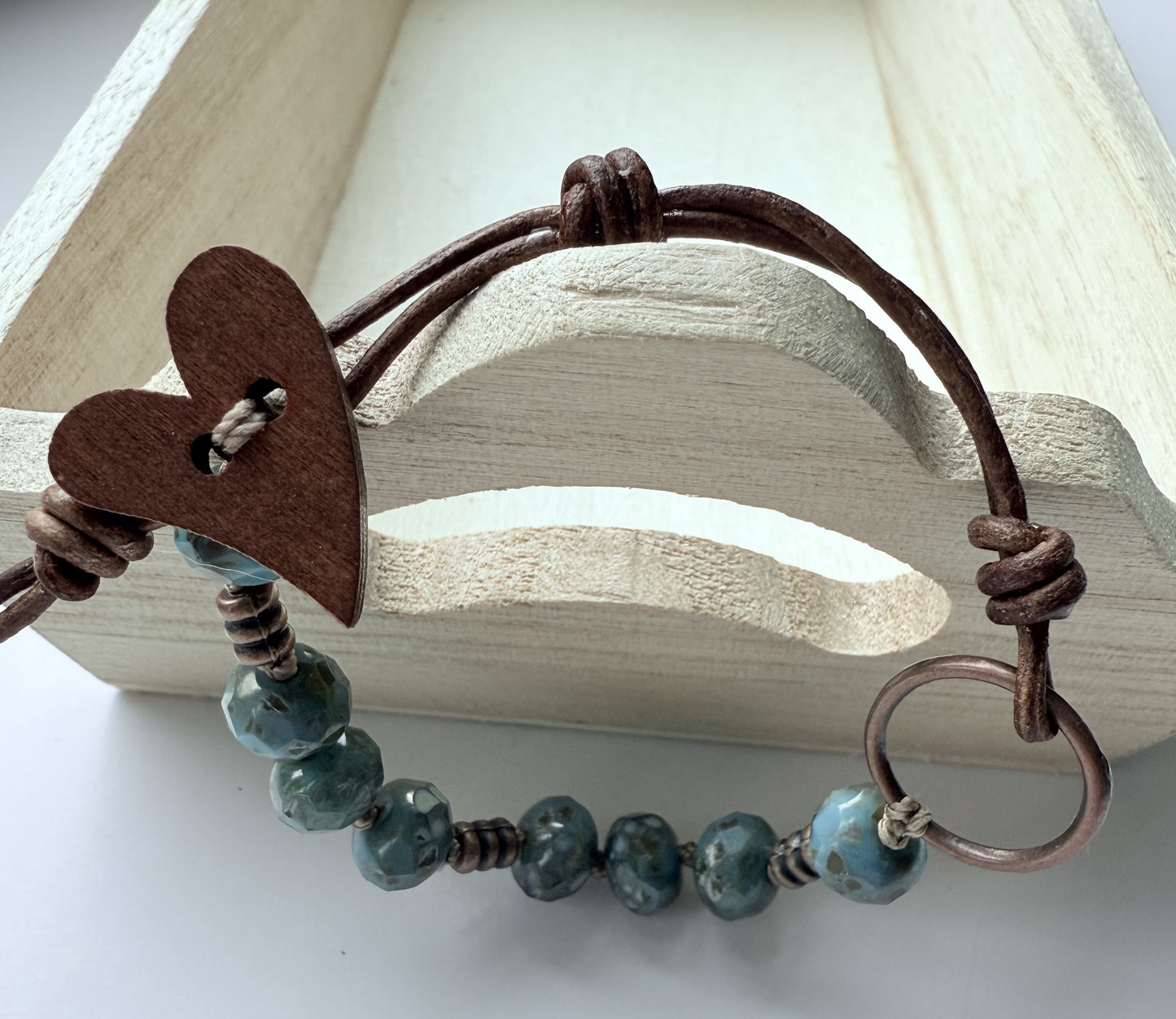 Teal Blue/Green Czech Glass Knotted Bracelet with Leather
