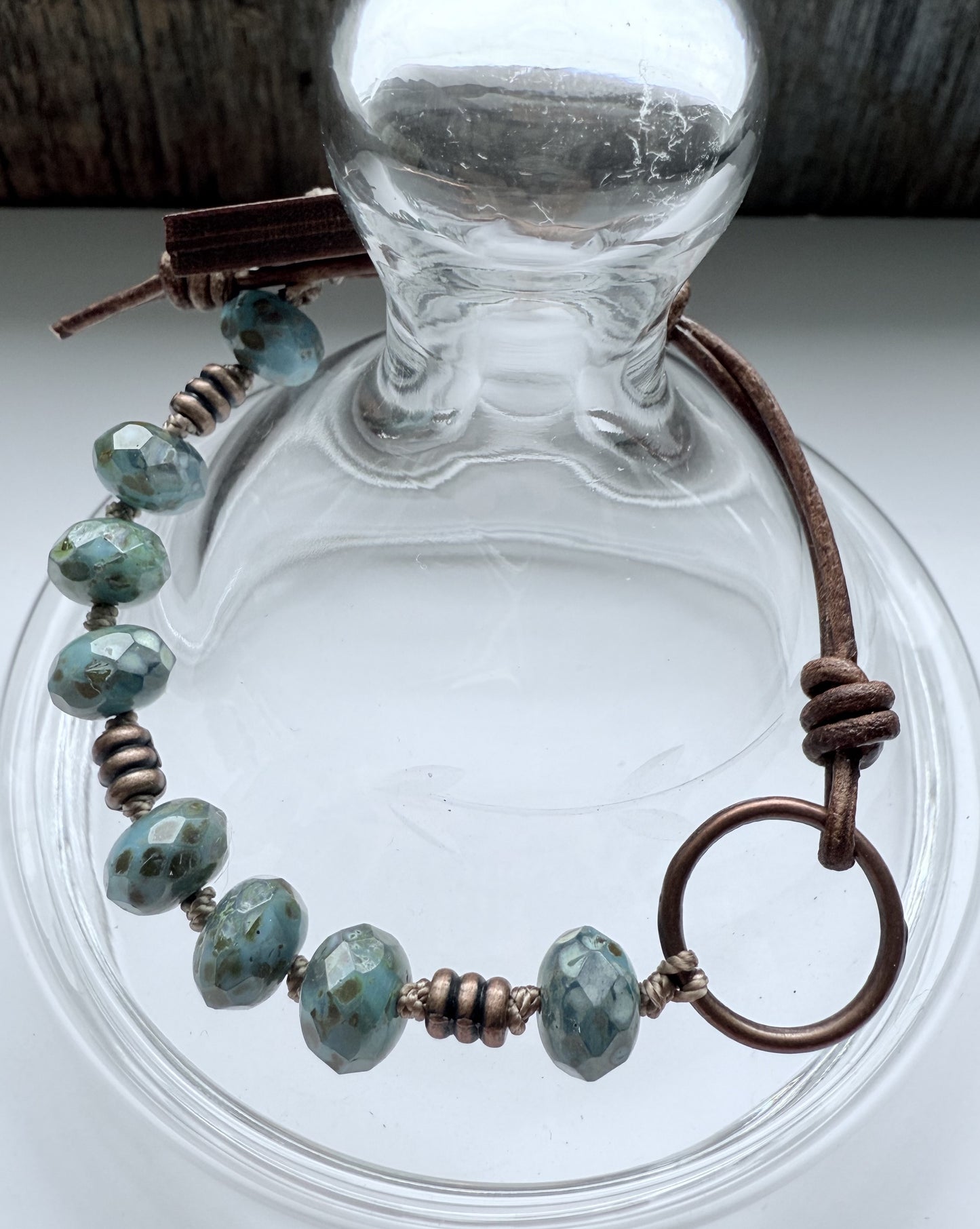 Teal Blue/Green Czech Glass Knotted Bracelet with Leather