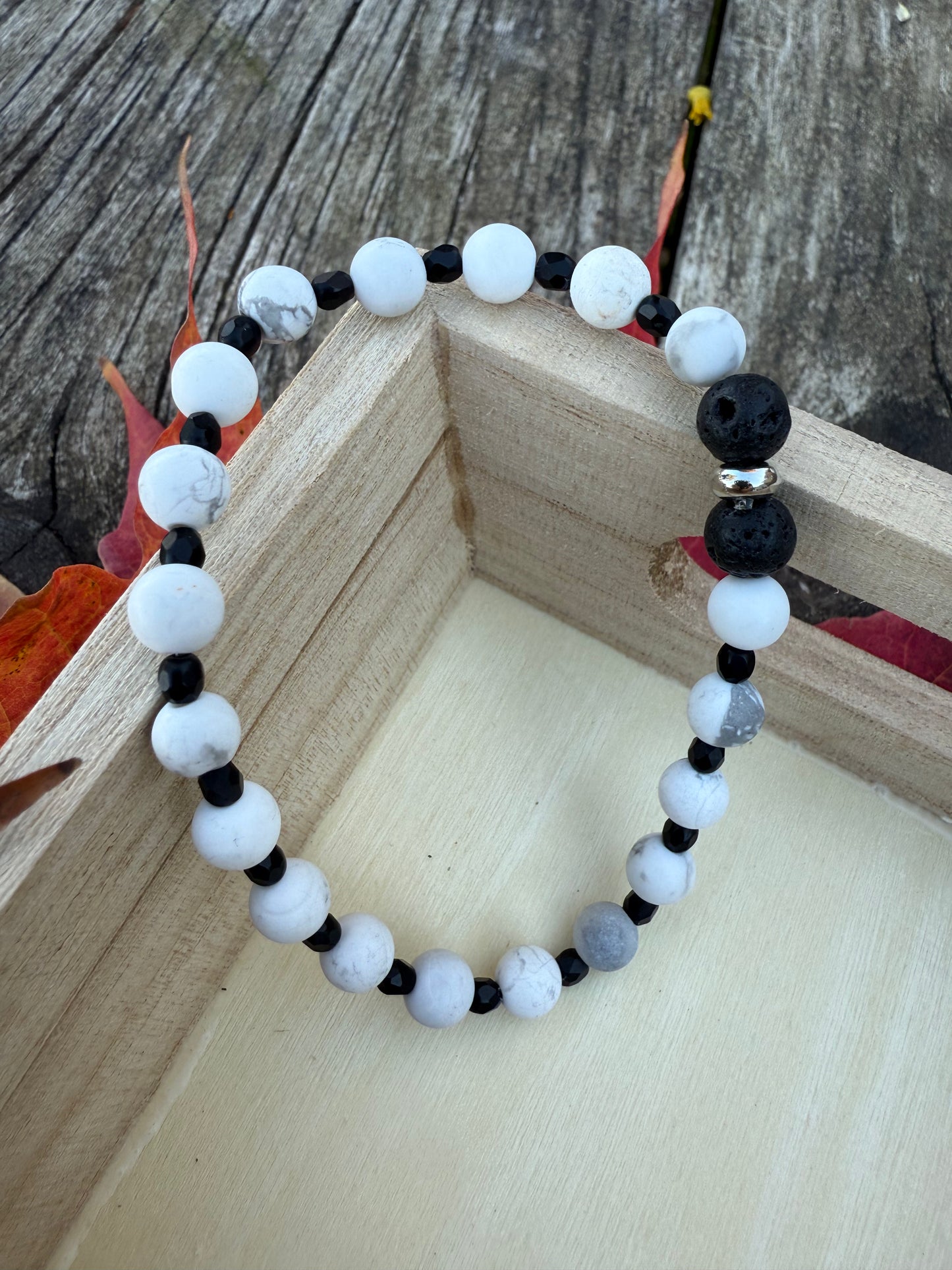 White Howlite & Black Czech Glass Stretch Bracelet