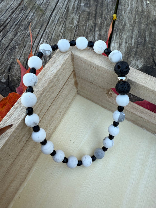White Howlite & Black Czech Glass Stretch Bracelet