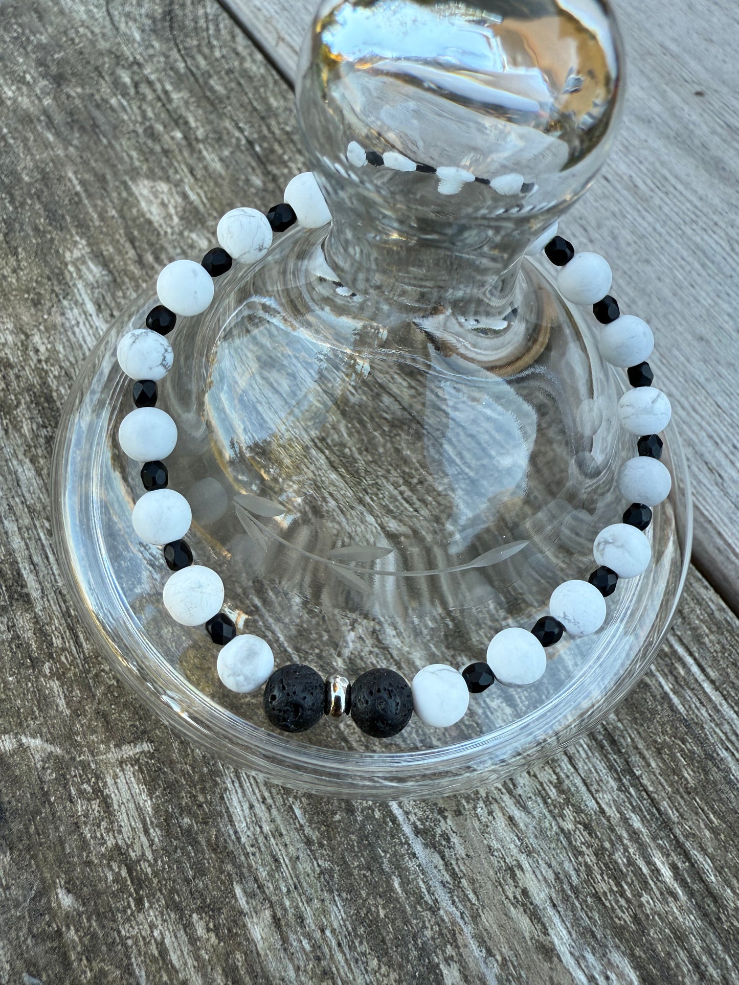 White Howlite & Black Czech Glass Stretch Bracelet