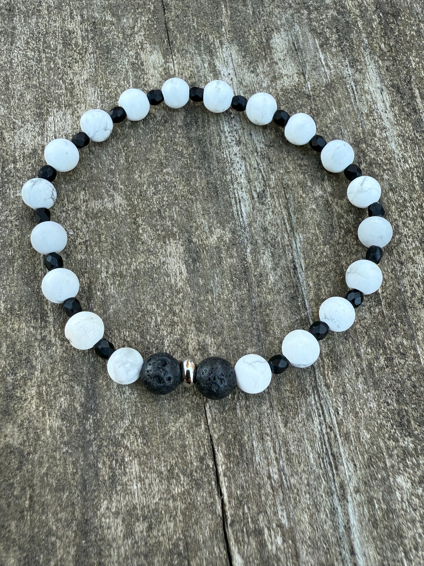 White Howlite & Black Czech Glass Stretch Bracelet