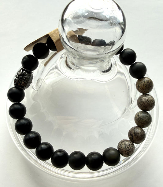 Matte Black Obsidian & Jasper Beads Stretch Bracelet