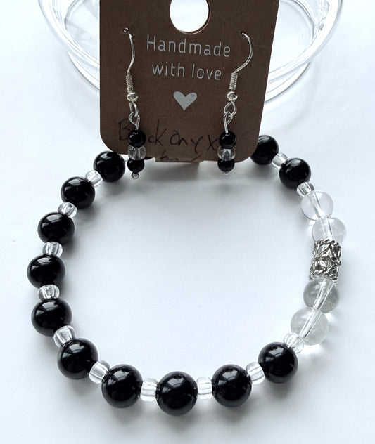 Black Onyx, Crystal Quartz & Miyuki Seed Bead Stretch Bracelet & Earring Set