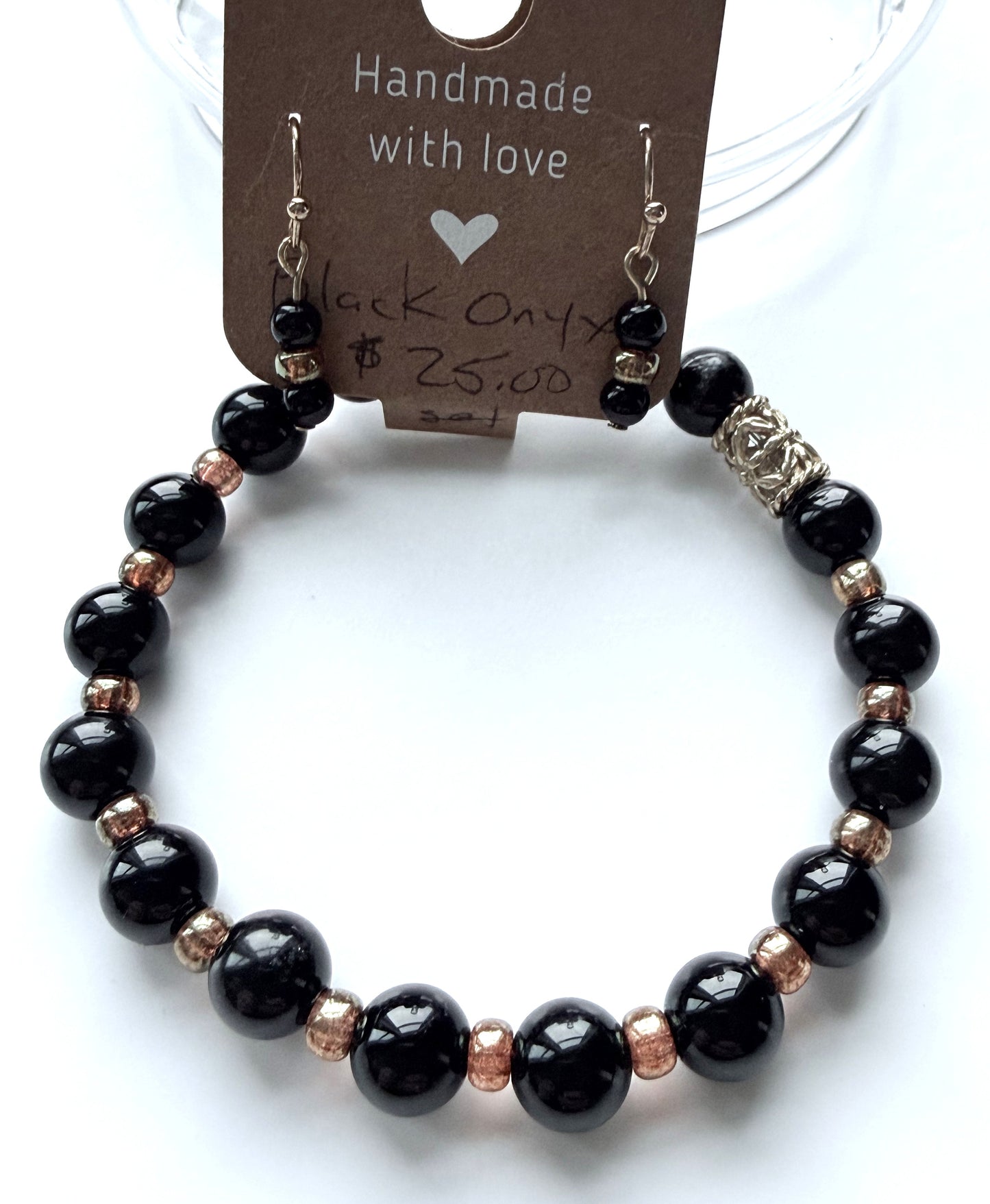 Black Onyx & Gold Miyuki Seed Bead Stretch Bracelet & Earring Set
