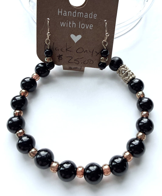 Black Onyx & Gold Miyuki Seed Bead Stretch Bracelet & Earring Set