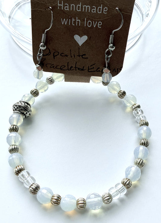 Opalite, Clear Miyuki Seed Beads with Silver Accents Stretch Bracelet & Earring Set