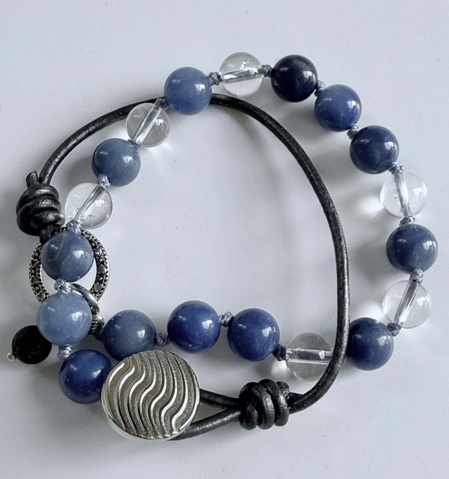 Double-Wrap Knotted Bracelet, Blue Aventurine & Crystal Quartz Gemstone Beads with Leather Cord Accent