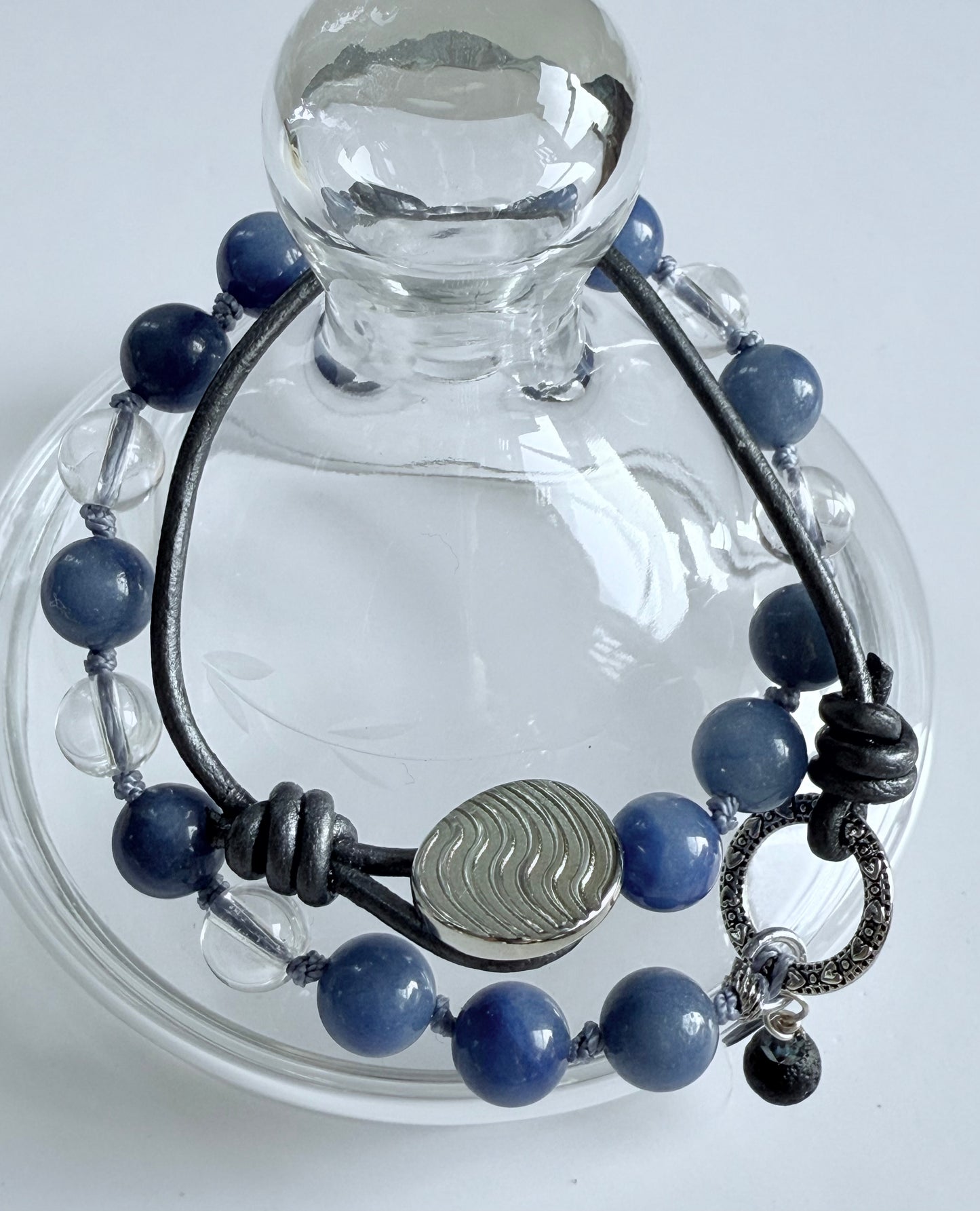 Double-Wrap Knotted Bracelet, Blue Aventurine & Crystal Quartz Gemstone Beads with Leather Cord Accent