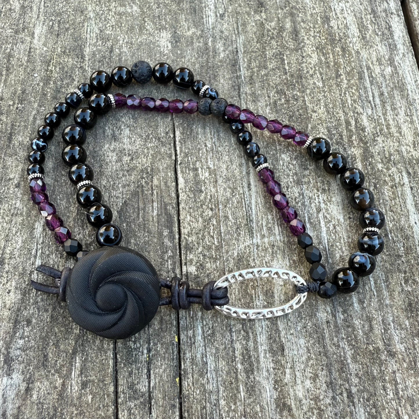 Double-Strand Bracelet with Black Banded Agate & Czech Glass Beads
