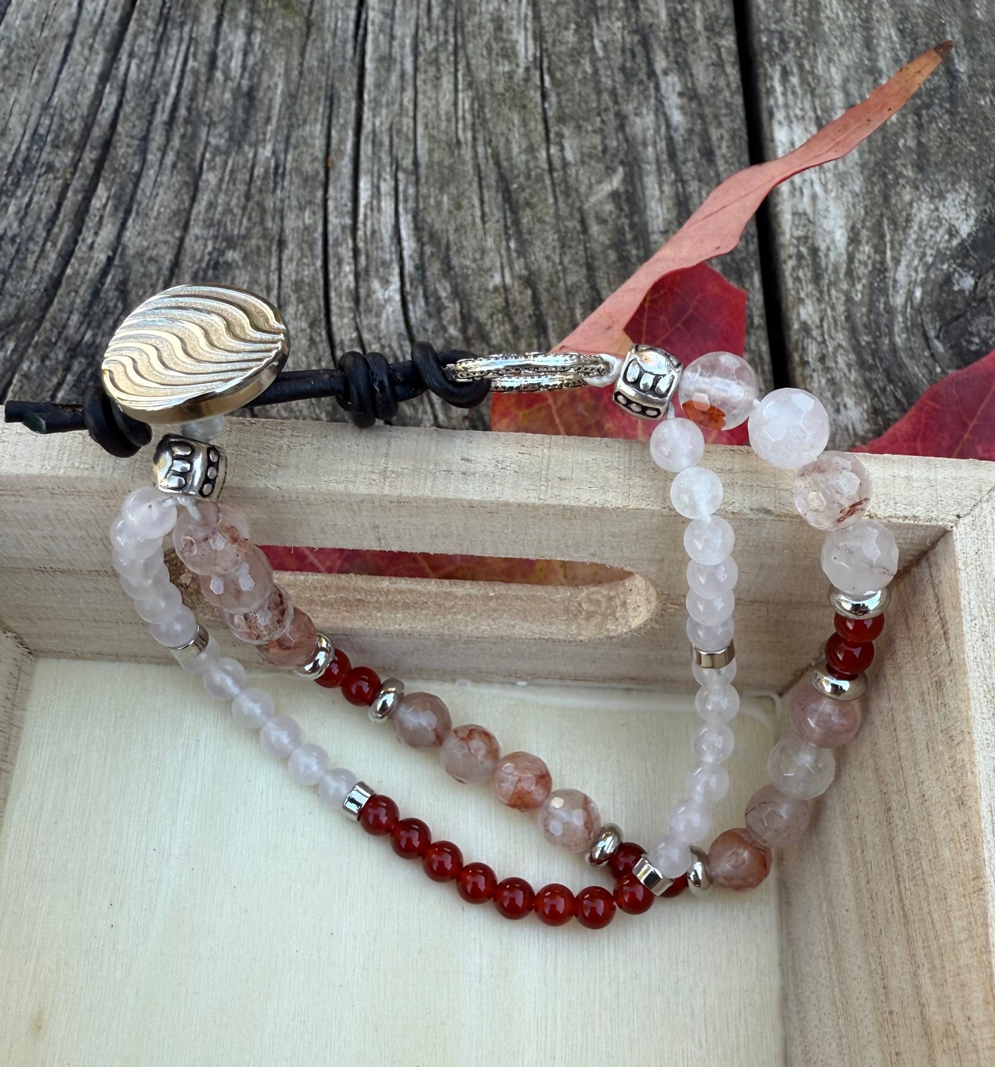 Double-Strand Bracelet with Red Silk Quartz & White Aura Quartz