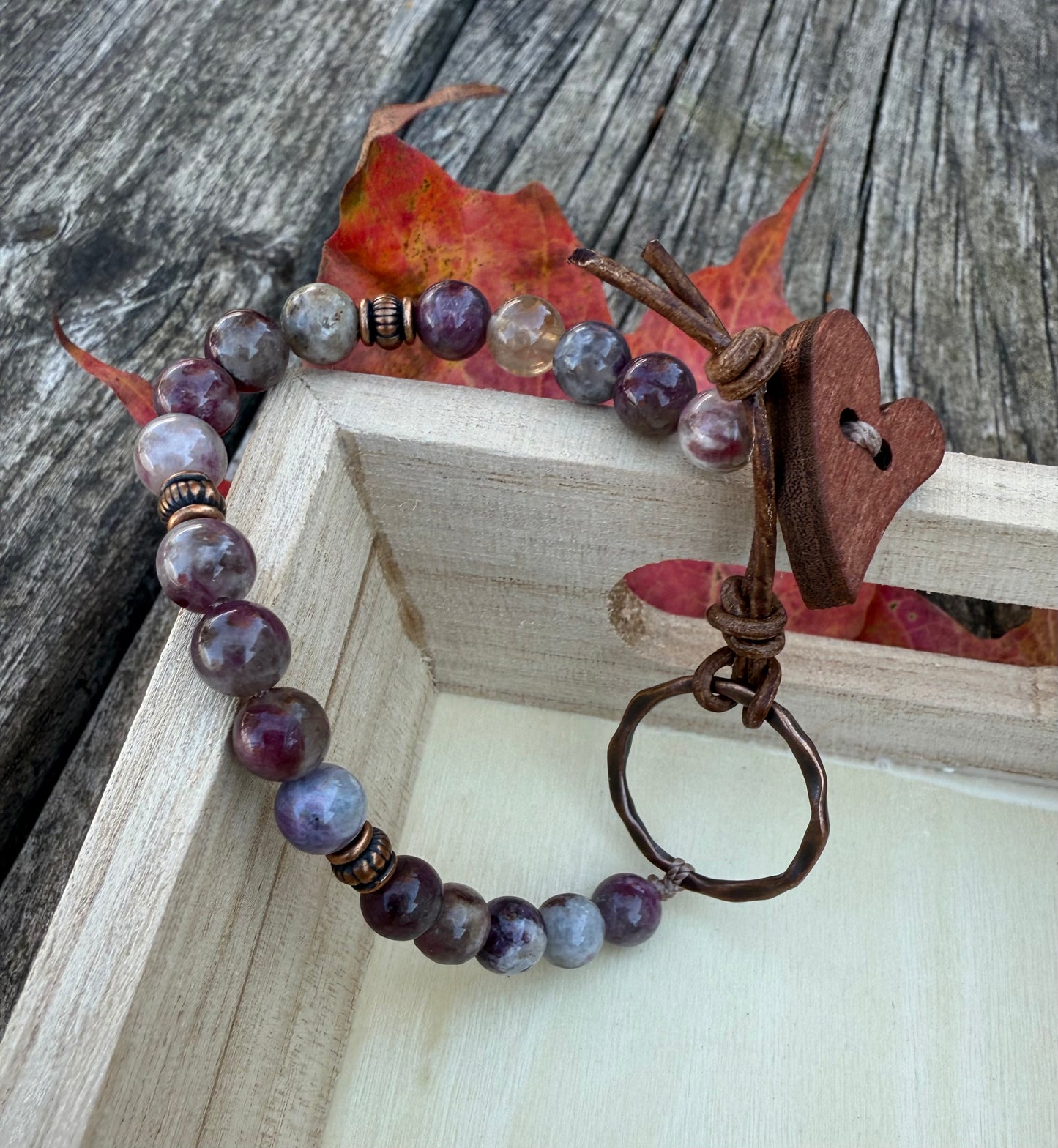 Pink Tourmaline Bracelet with Copper & Leather