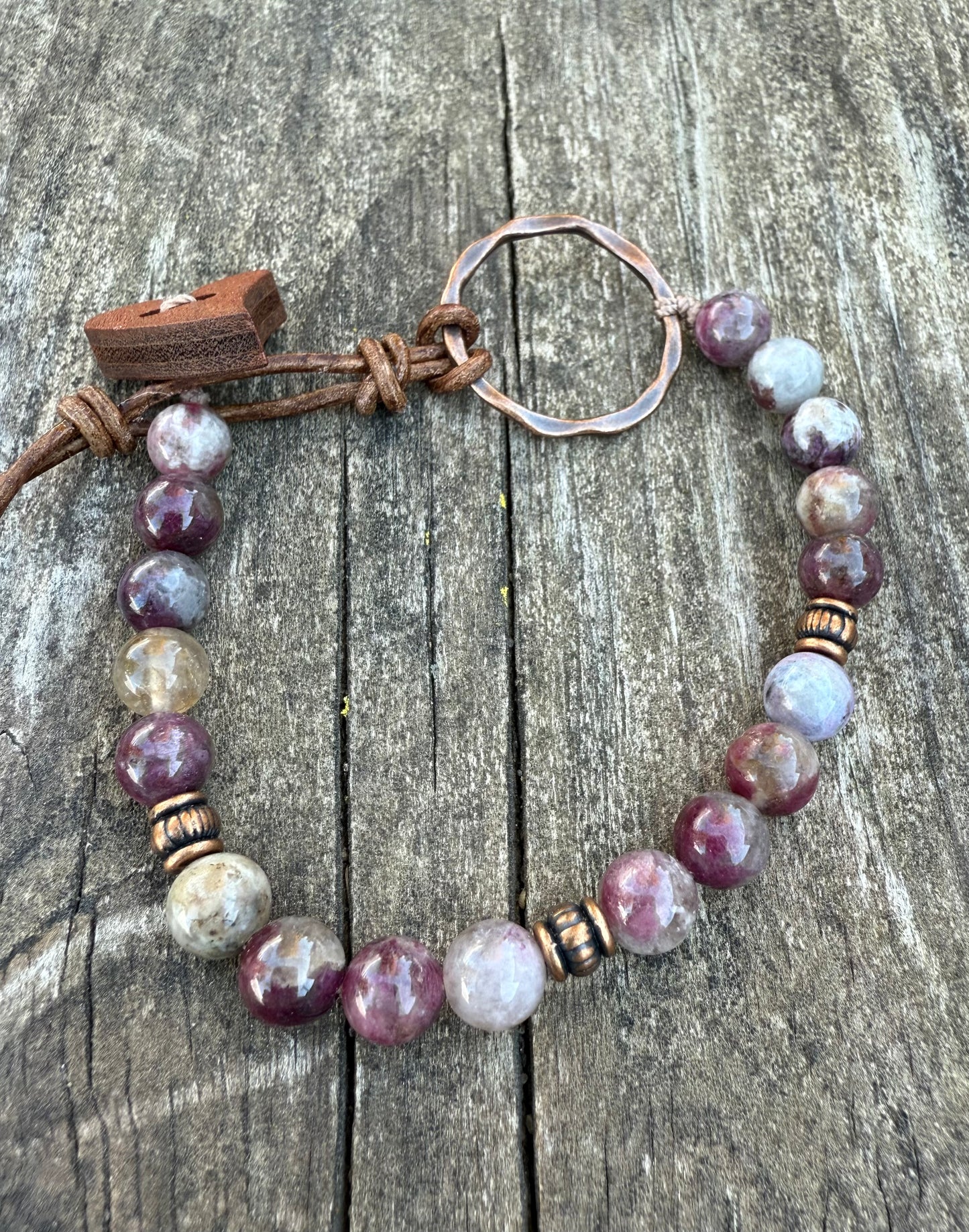 Pink Tourmaline Bracelet with Copper & Leather