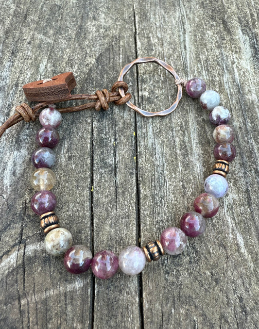 Pink Tourmaline Bracelet with Copper & Leather