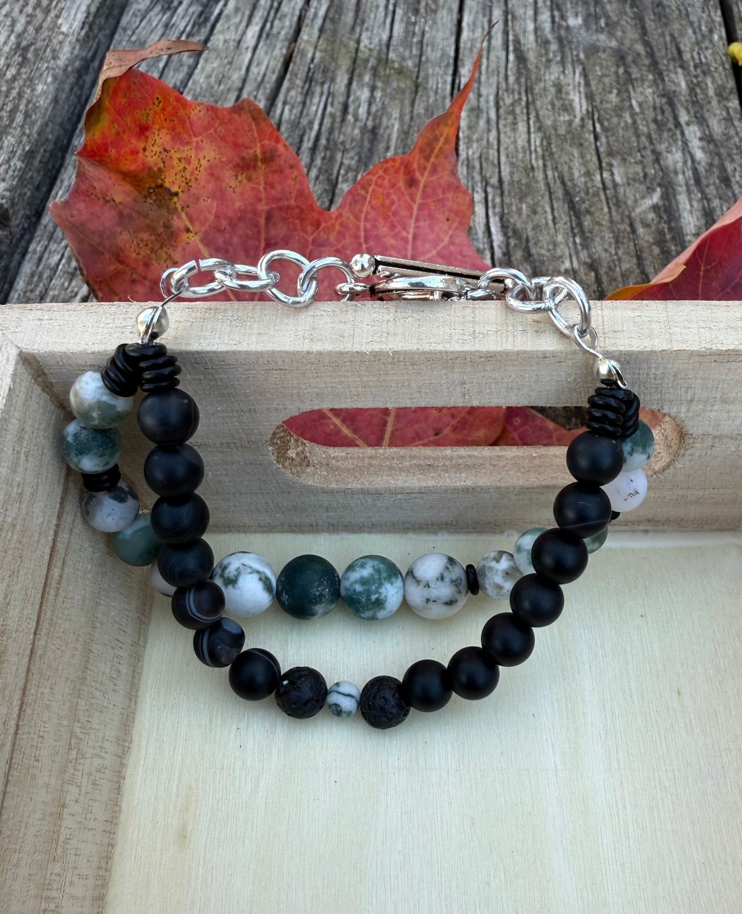 Double-Strand Bracelet with Black Banded Agate & Moss Tree Agate