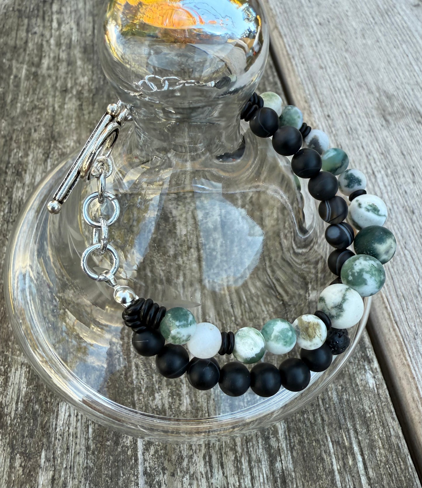 Double-Strand Bracelet with Black Banded Agate & Moss Tree Agate