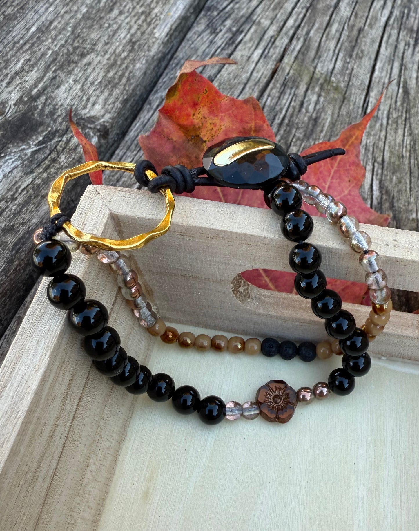 Double-Strand Bracelet with Black Agate & Czech Glass