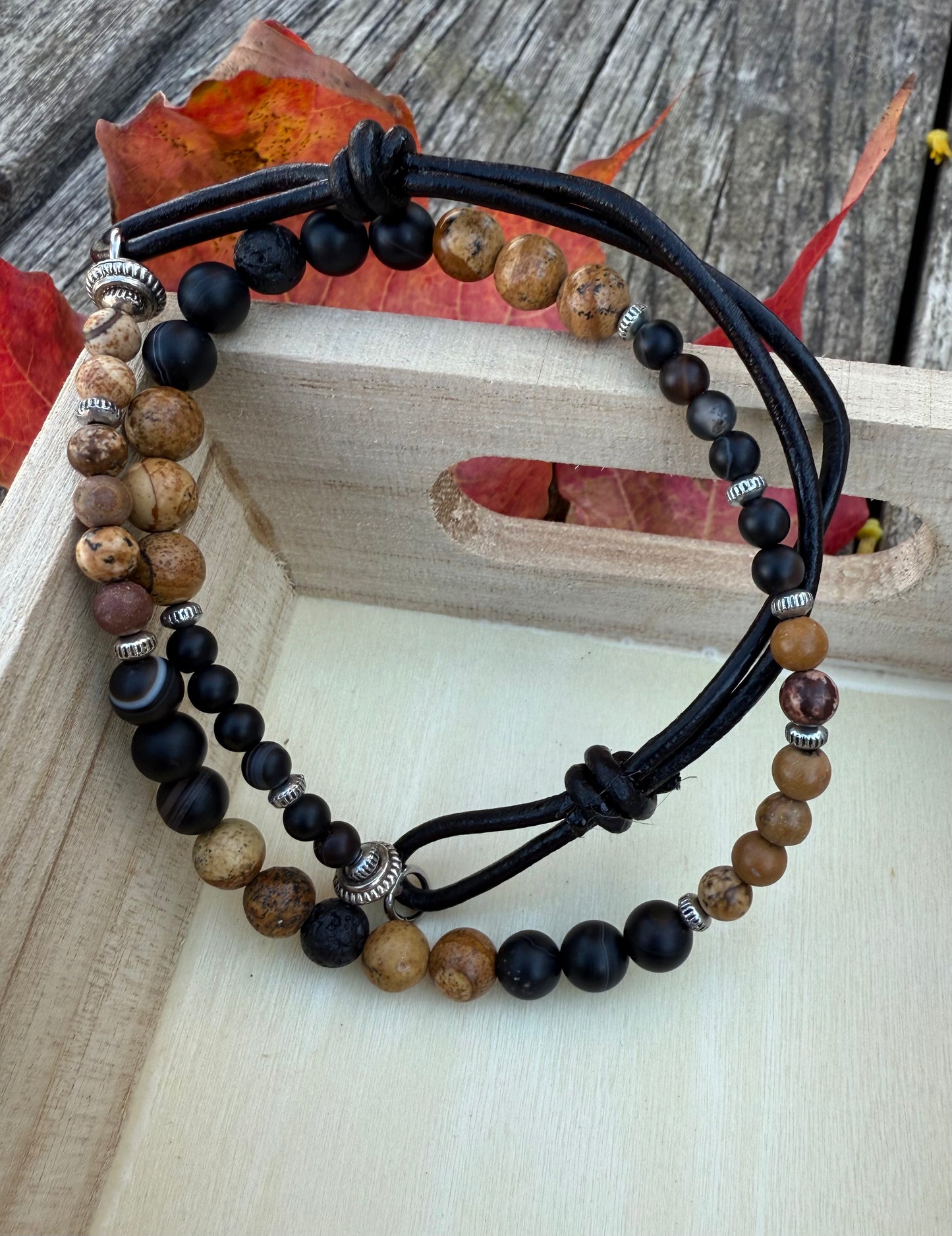 Double-Wrap Leather & Stretch Cord Bracelet with Picture Jasper & Black Agate Gemstone Beads
