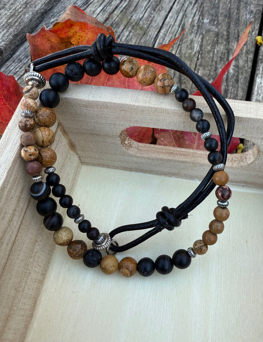Double-Wrap Leather & Stretch Cord Bracelet with Picture Jasper & Black Agate Gemstone Beads