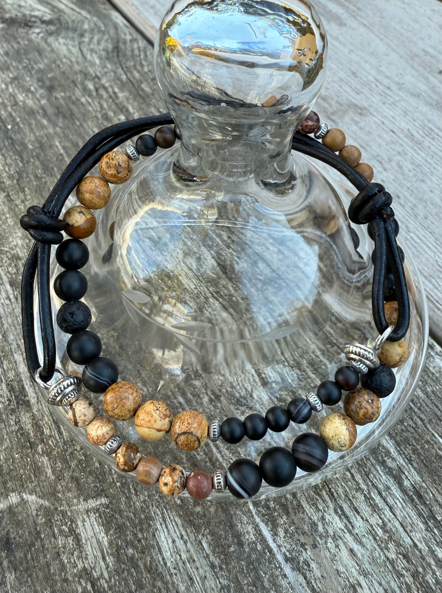 Double-Wrap Leather & Stretch Cord Bracelet with Picture Jasper & Black Agate Gemstone Beads